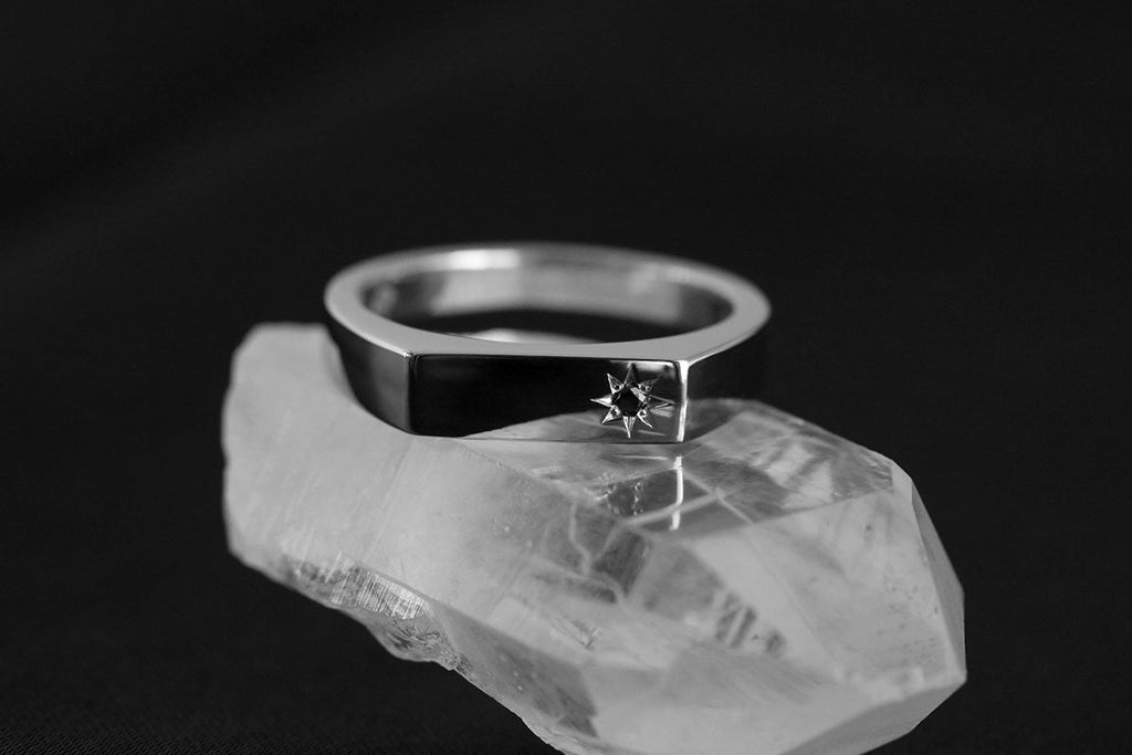 Rectangle Signet Ring with Star Set Black Diamond Rose Gold