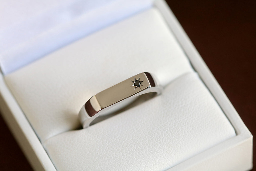 Rectangle Signet Ring with Star Set Black Diamond White Gold