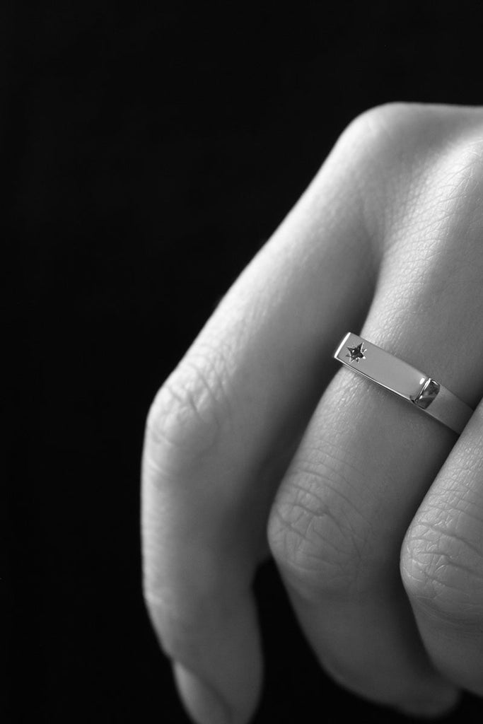 Rectangle Signet Ring with Star Set Black Diamond White Gold
