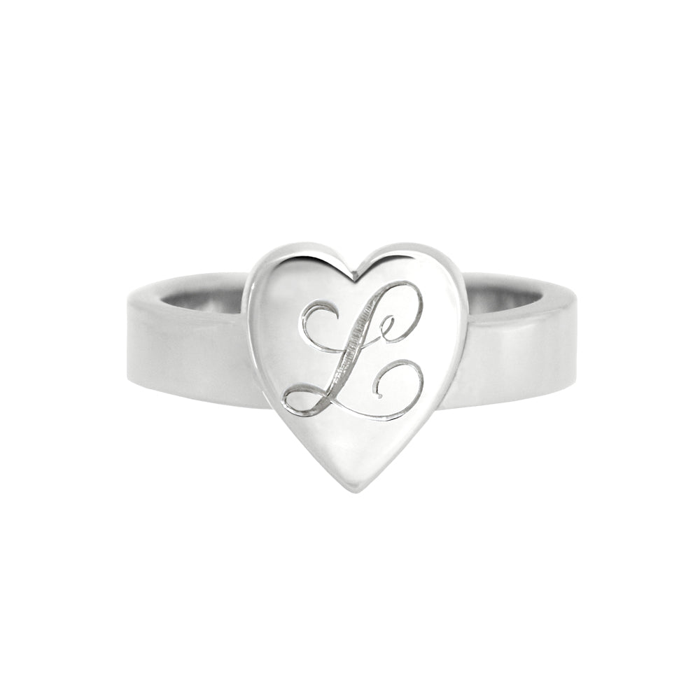 Bold Heart Ring With Engraved Initial White Gold
