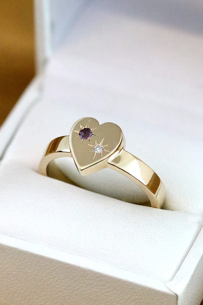 Bold Heart Ring With Star Set Amethyst and Diamond Yellow Gold