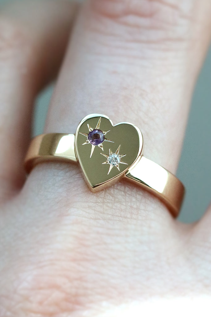 Bold Heart Ring With Star Set Amethyst and Diamond Yellow Gold