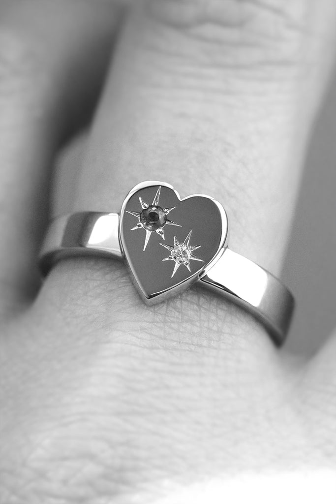 Bold Heart Ring With Star Set Amethyst and Diamond White Gold