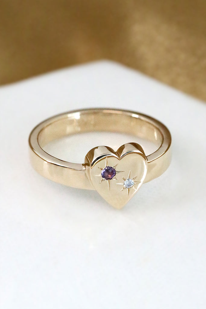 Bold Heart Ring With Star Set Amethyst and Diamond Yellow Gold