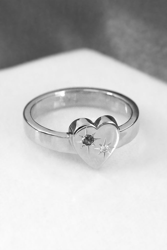 Bold Heart Ring With Star Set Amethyst and Diamond White Gold