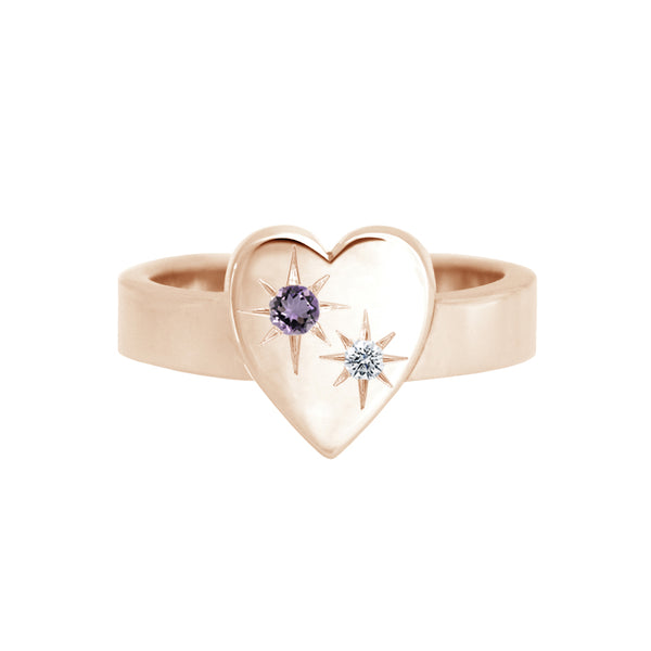 Bold Heart Ring With Star Set Amethyst and Diamond Rose Gold