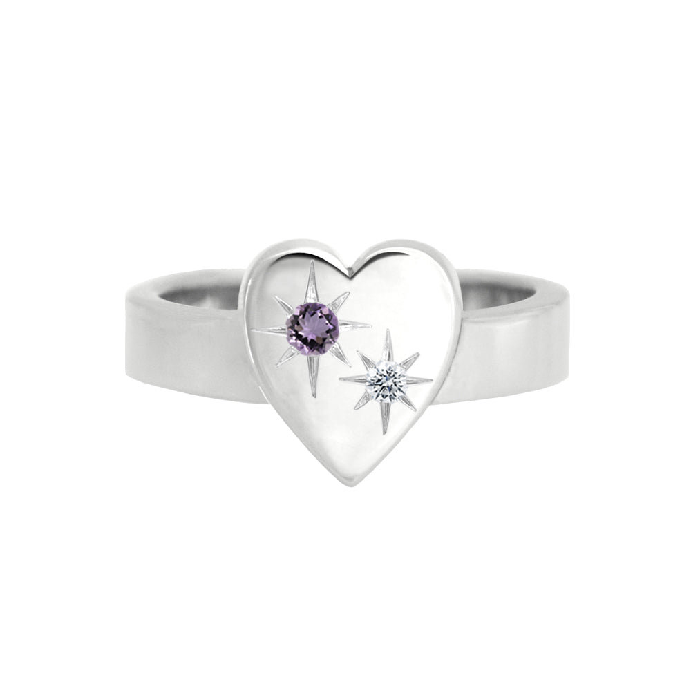 Bold Heart Ring With Star Set Amethyst and Diamond White Gold