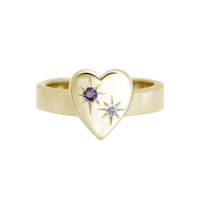 Bold Heart Ring With Star Set Amethyst and Diamond Yellow Gold