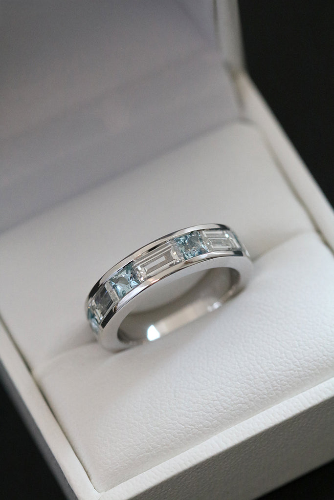 Channel Set Princess Cut Aquamarine and Diamond Ring White Gold