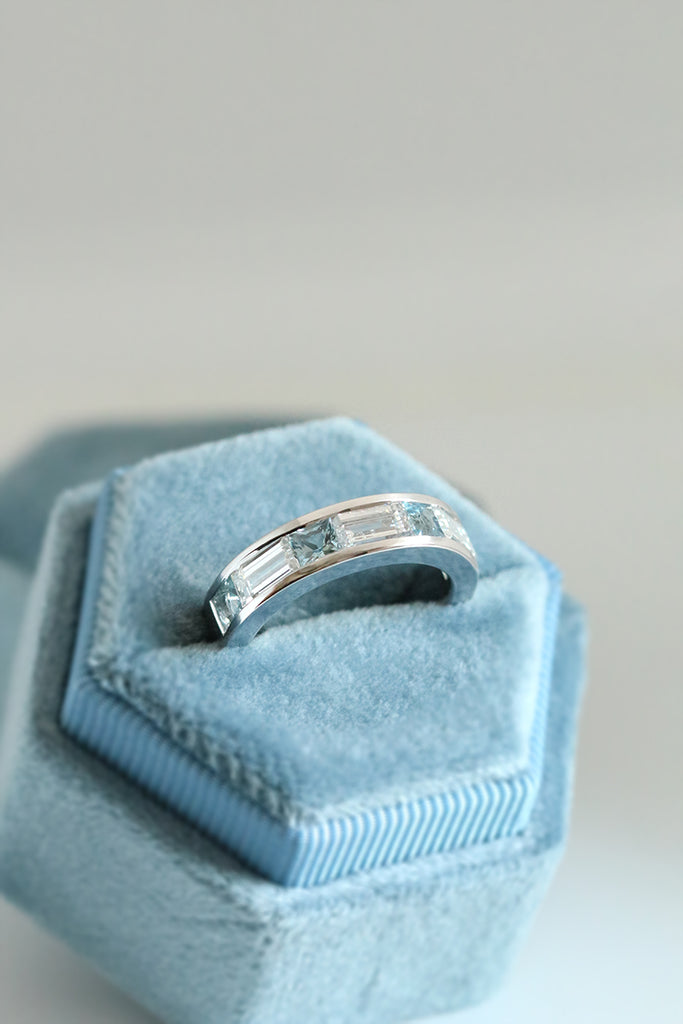 Channel Set Princess Cut Aquamarine and Diamond Ring White Gold