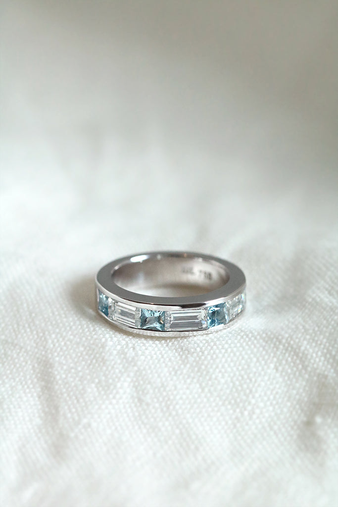 Channel Set Princess Cut Aquamarine and Diamond Ring White Gold