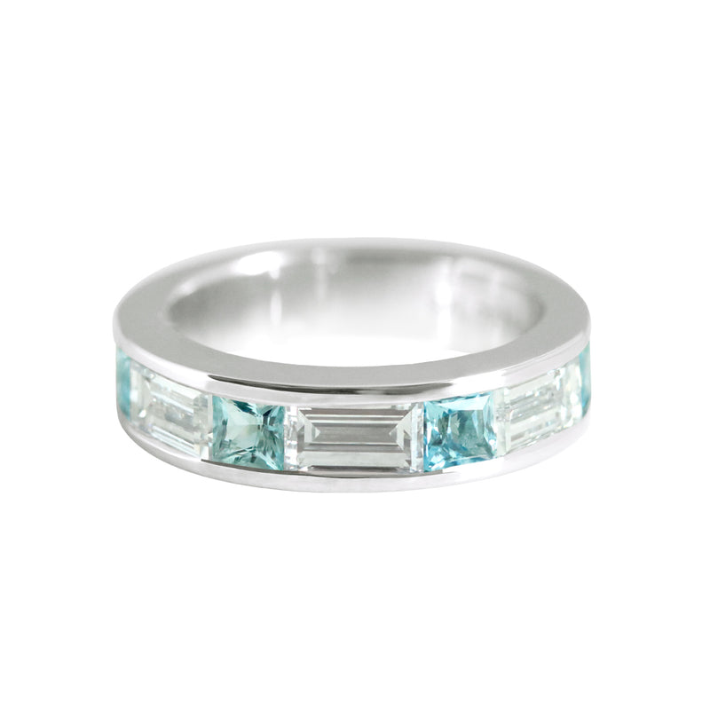 Channel Set Princess Cut Aquamarine and Diamond Ring White Gold