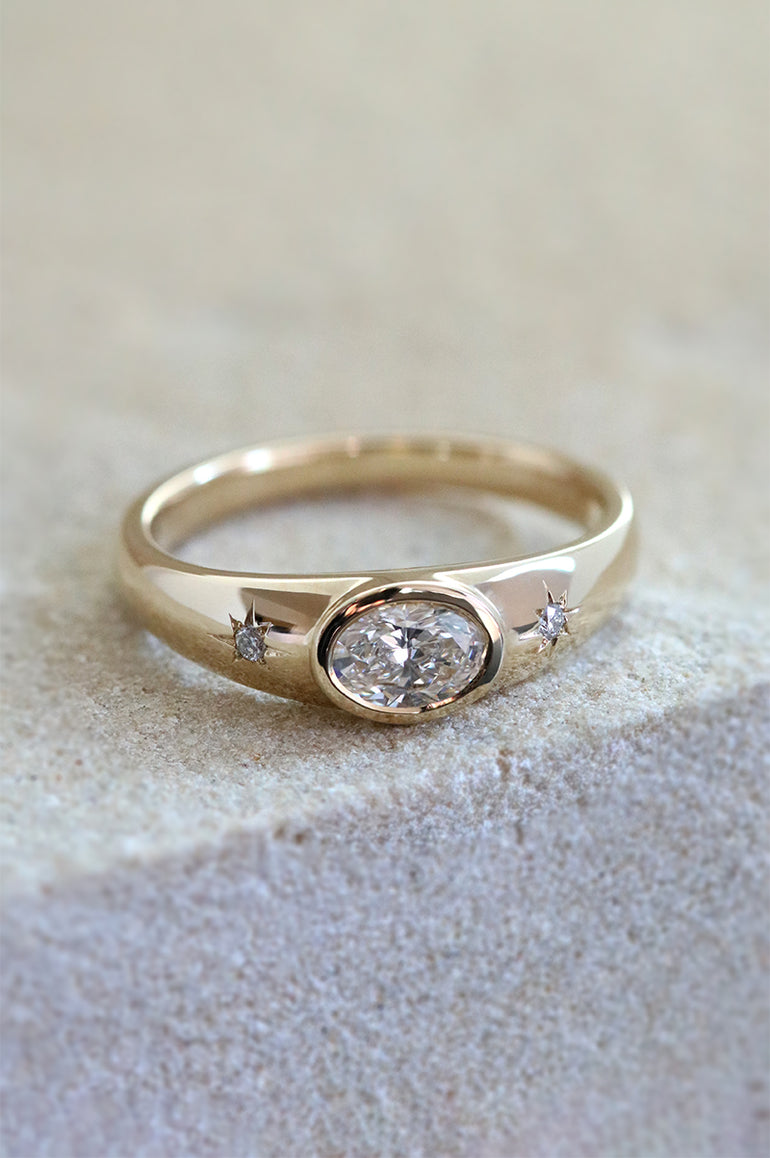 East West Oval Diamond Ring with Star Set Diamonds Yellow Gold ...