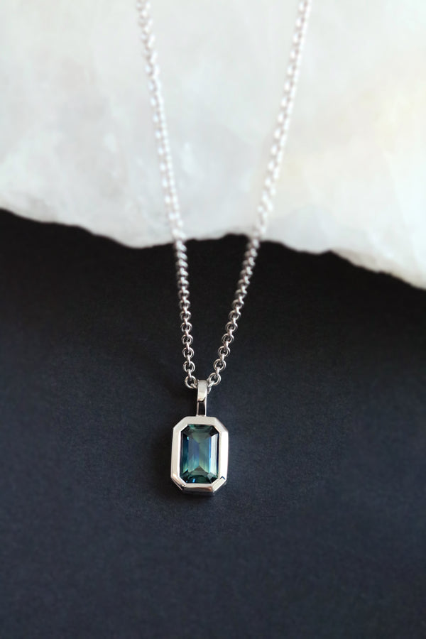 Bezel Set Emerald Cut Australian Parti Sapphire Necklace White Gold