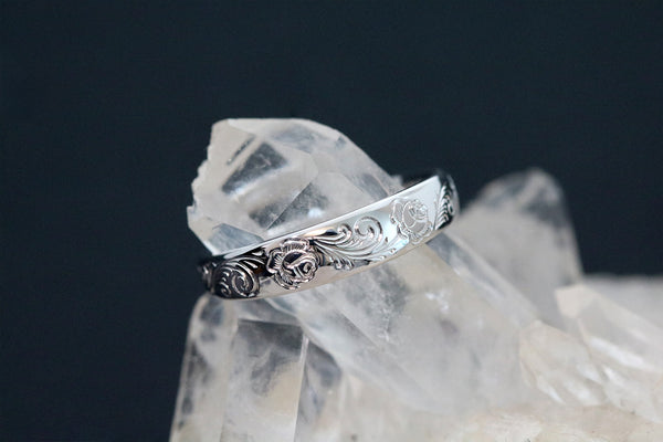 Engraved Rose Ring with Scrollwork White Gold