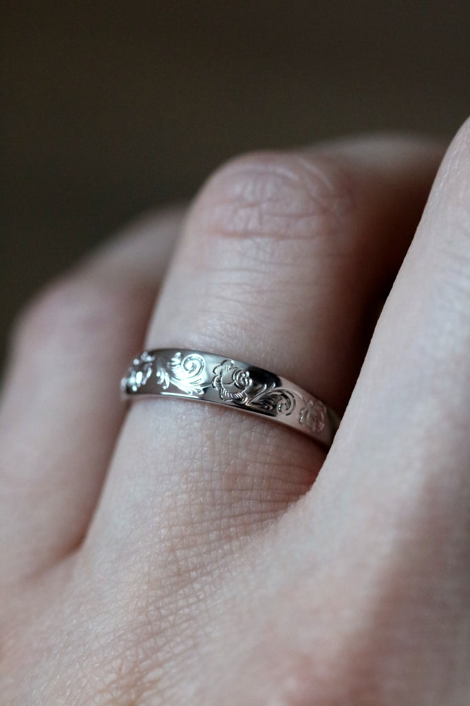 Engraved Rose Ring with Scrollwork White Gold