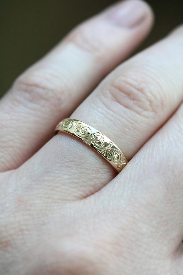 Engraved Rose Ring with Scrollwork Yellow Gold