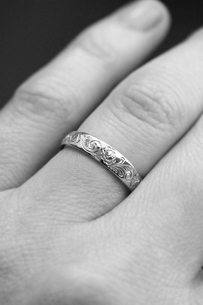 Engraved Rose Ring with Scrollwork Rose Gold