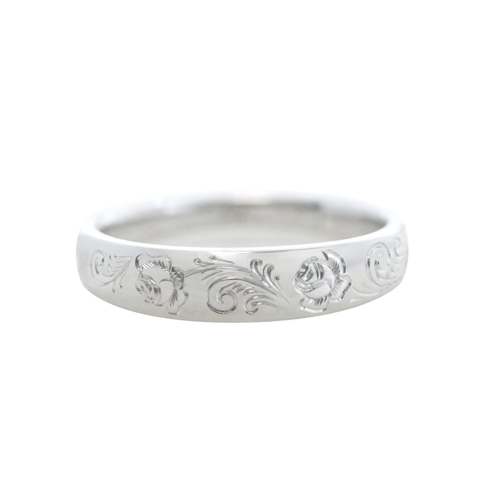 Engraved Rose Ring with Scrollwork White Gold