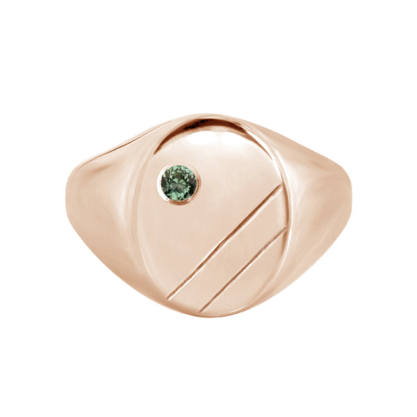 Extra Large Oval Engraved Signet Ring with Green Sapphire Rose Gold