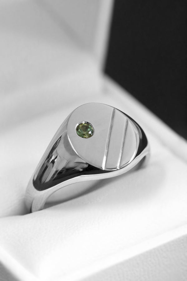 Extra Large Oval Engraved Signet Ring with Green Sapphire White Gold