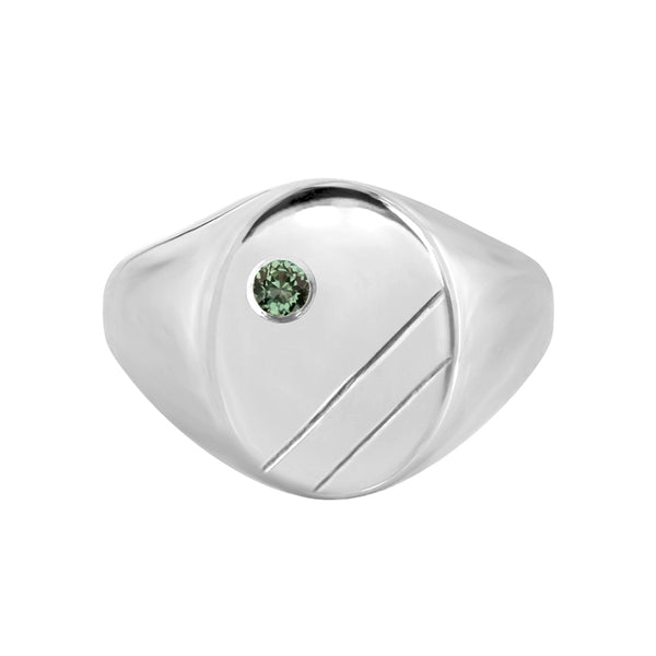 Extra Large Oval Engraved Signet Ring with Green Sapphire White Gold