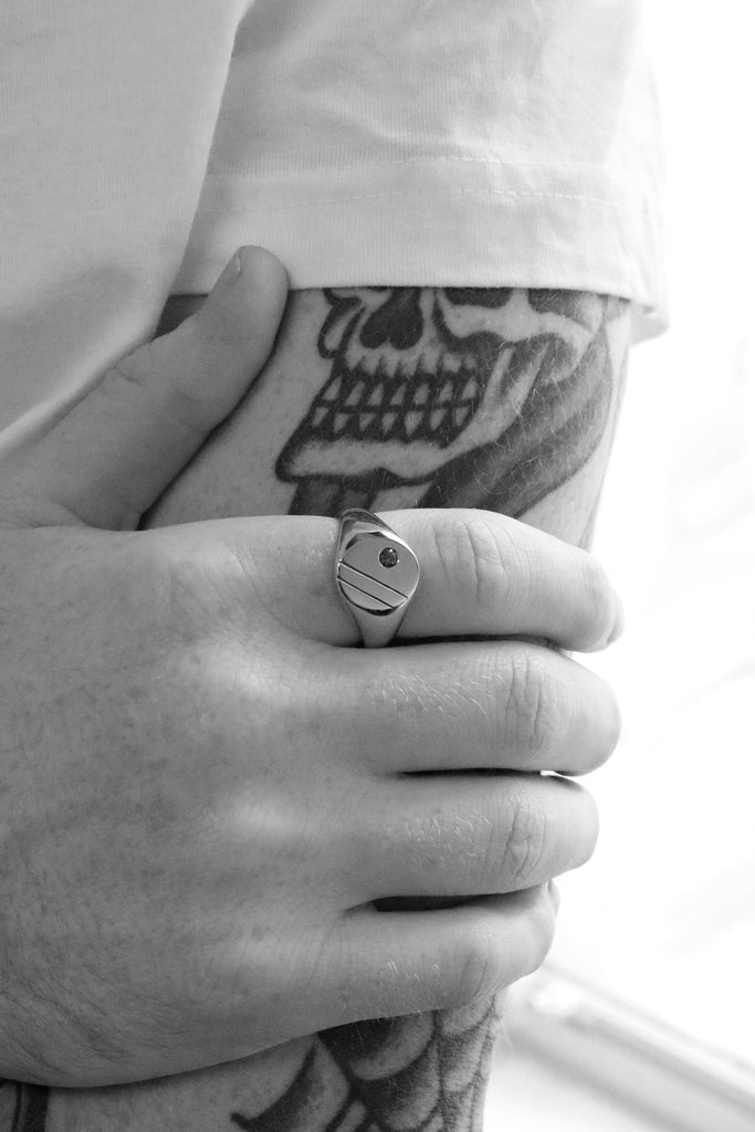 Extra Large Oval Engraved Signet Ring with Green Sapphire Rose Gold