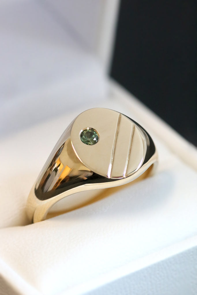 Extra Large Oval Engraved Signet Ring with Green Sapphire Yellow Gold