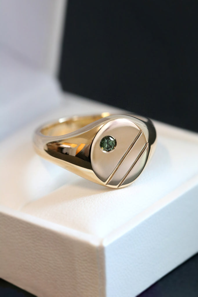 Extra Large Oval Engraved Signet Ring with Green Sapphire Yellow Gold