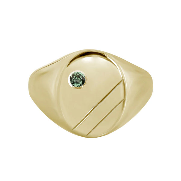 Extra Large Oval Engraved Signet Ring with Green Sapphire Yellow Gold