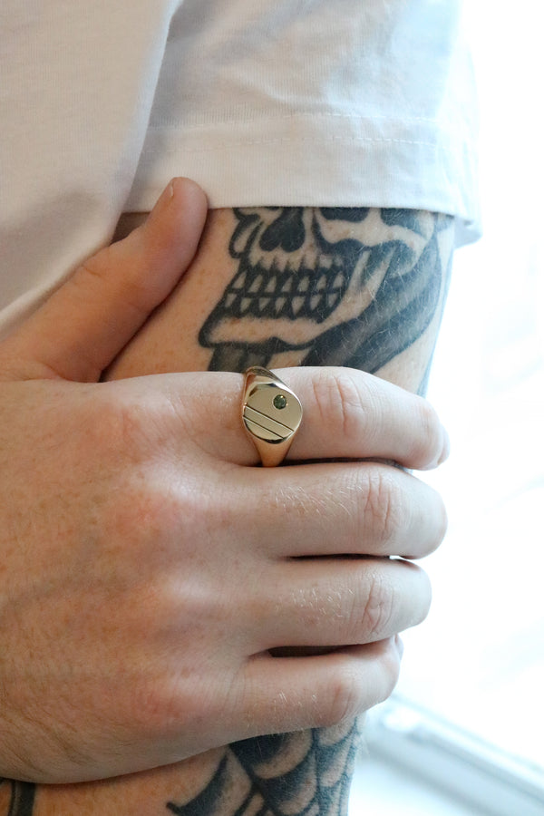 Extra Large Oval Engraved Signet Ring with Green Sapphire Yellow Gold