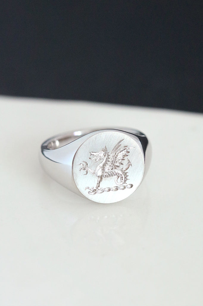 Wax Seal Engraved Round Signet Ring White Gold