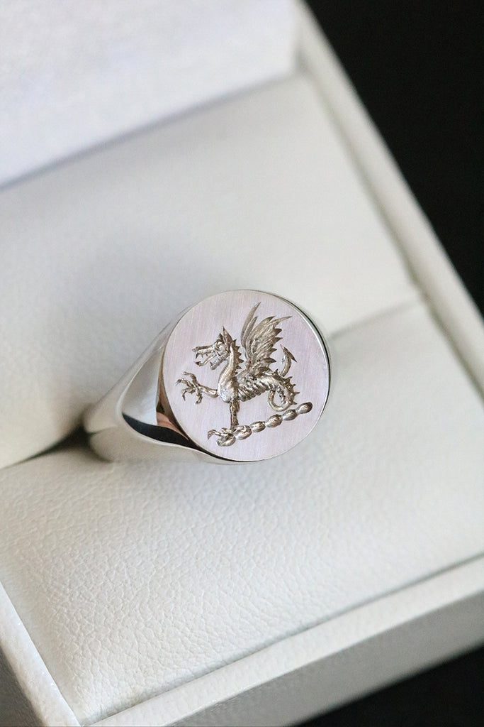 Wax Seal Engraved Round Signet Ring White Gold