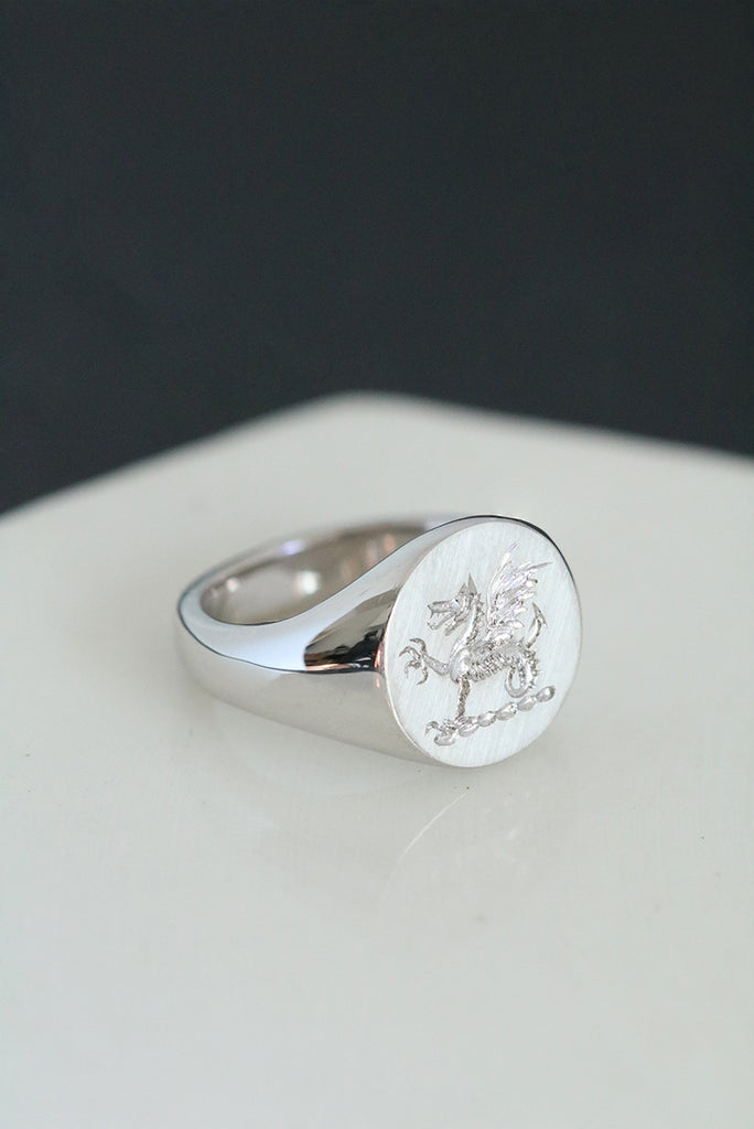Wax Seal Engraved Round Signet Ring White Gold
