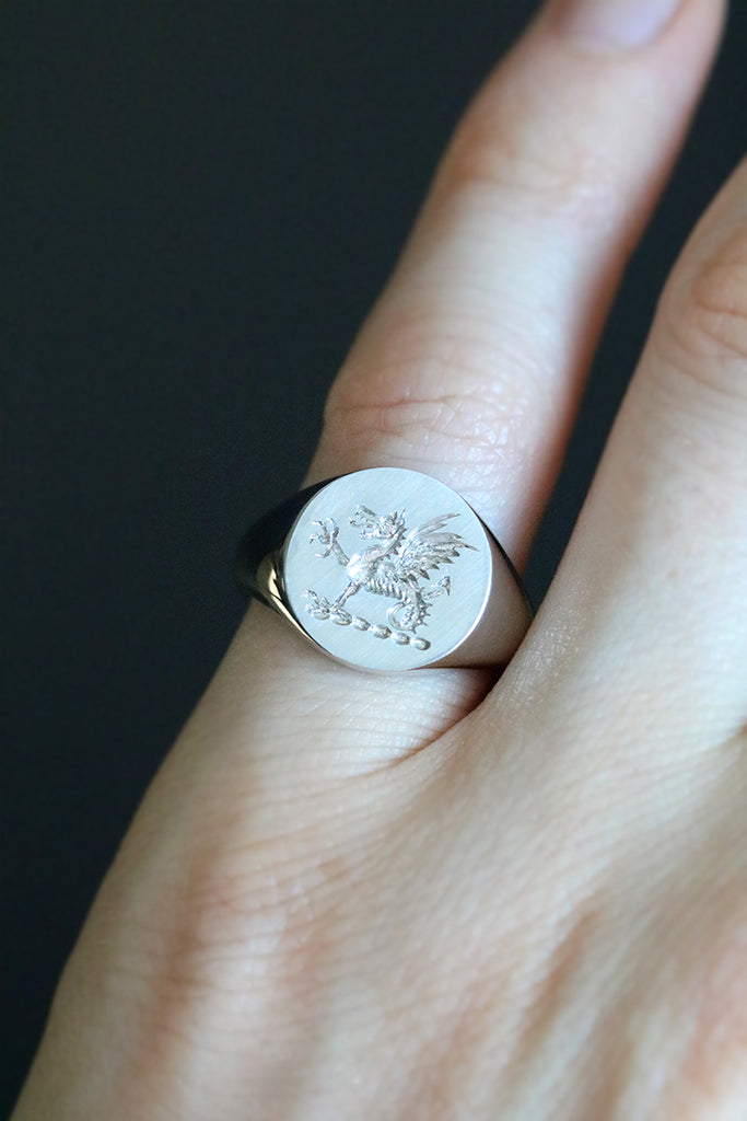 Wax Seal Engraved Round Signet Ring White Gold