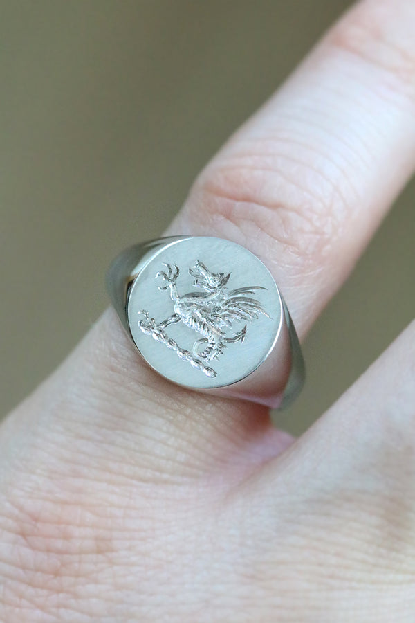 Wax Seal Engraved Round Signet Ring White Gold