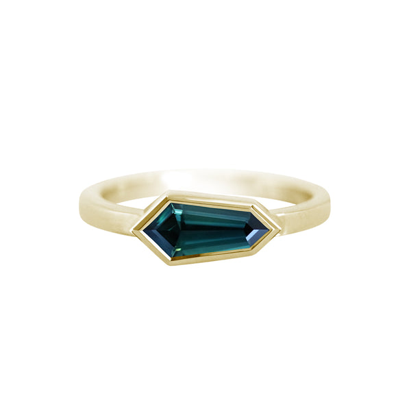 Freeform Australian Teal Sapphire Ring Yellow Gold