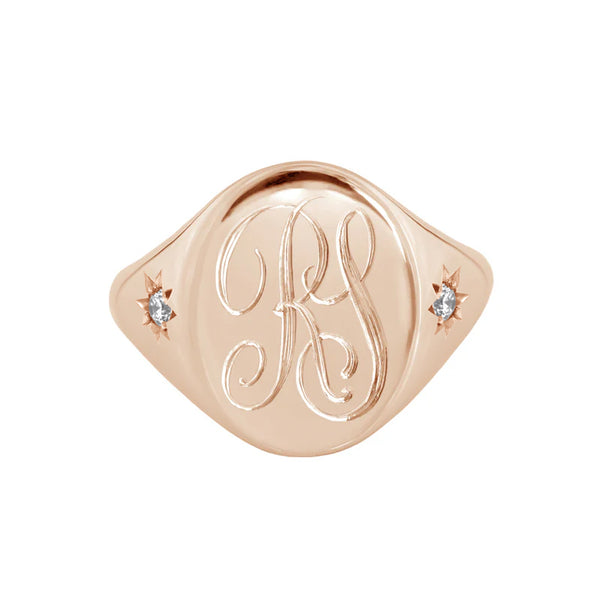 Large Star Set Diamond Monogram Oval Signet Ring Rose Gold