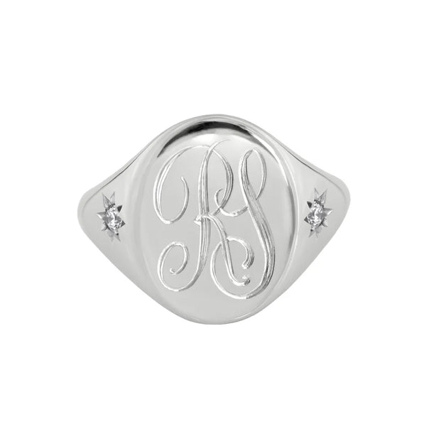 Large Star Set Diamond Monogram Oval Signet Ring White Gold