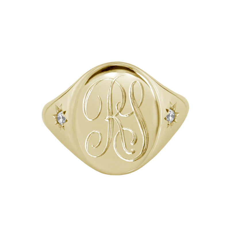 Large Star Set Diamond Monogram Oval Signet Ring Yellow Gold