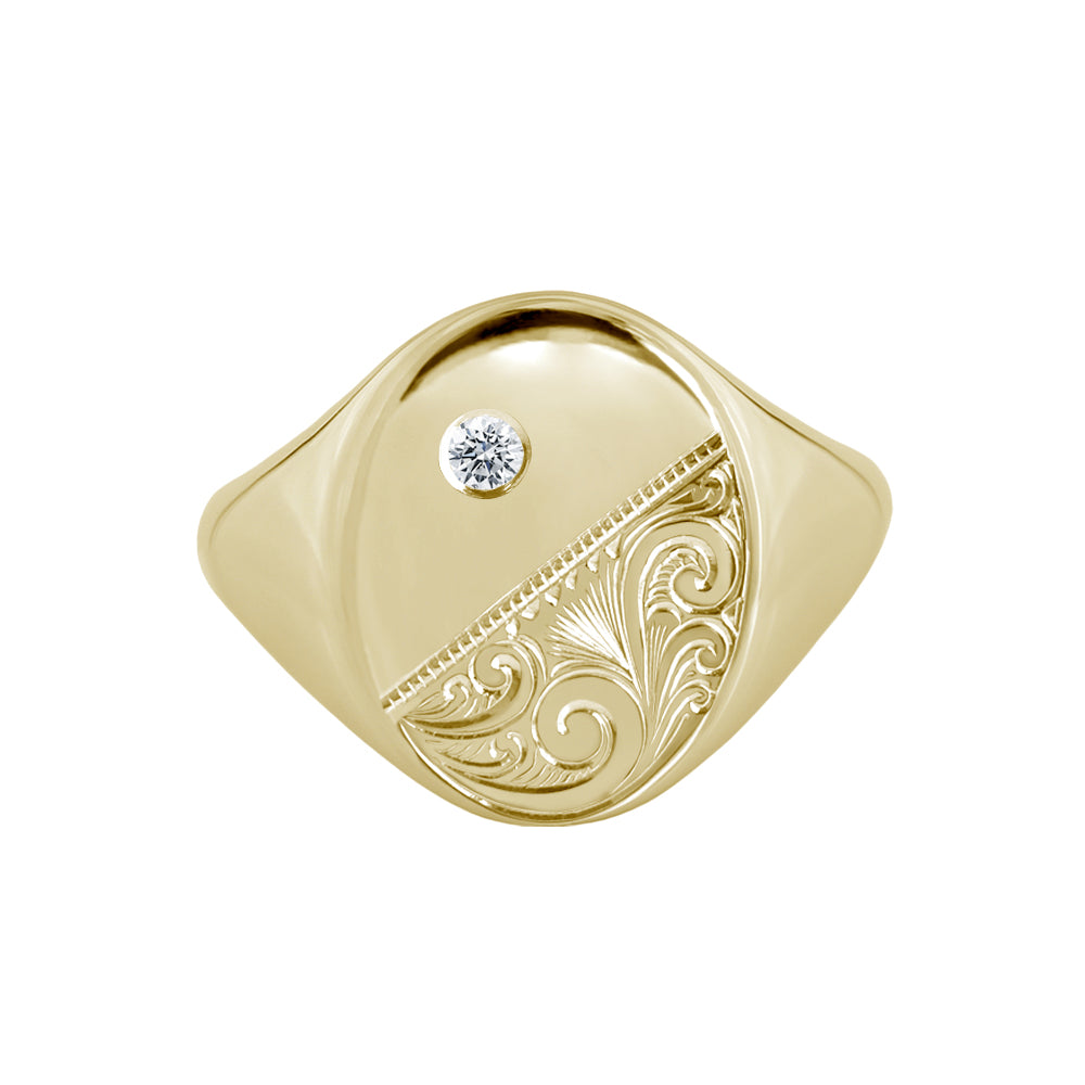 Large Scrollwork Engraved Signet Ring with Diamond Yellow Gold ...