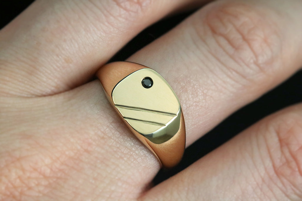 Cushion Signet Ring with Flush Set Black Diamond Yellow Gold