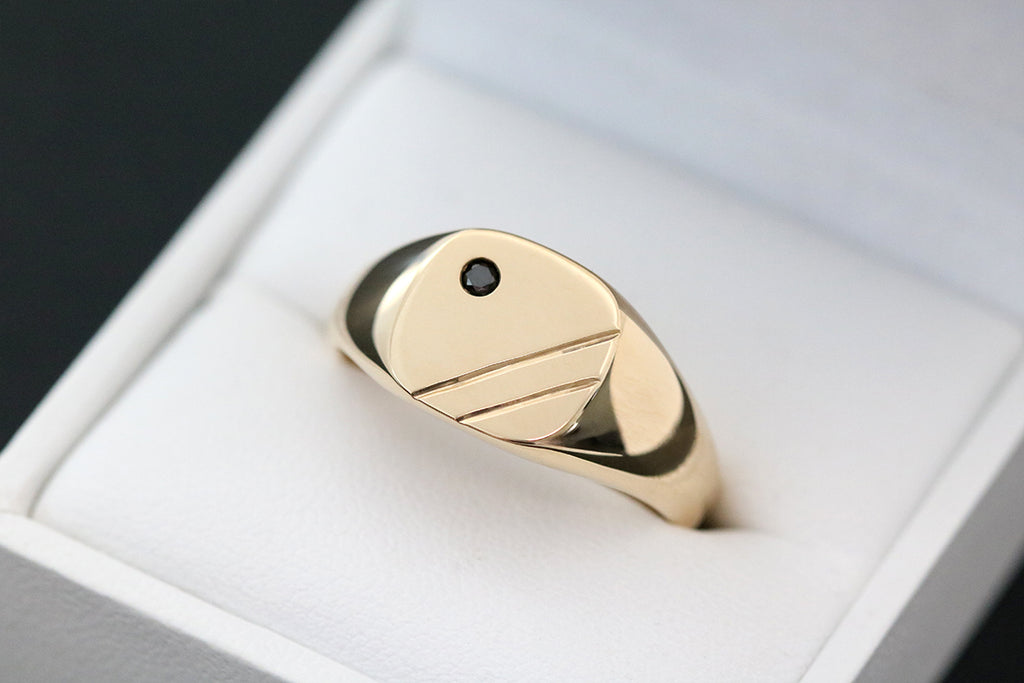 Cushion Signet Ring with Flush Set Black Diamond Yellow Gold