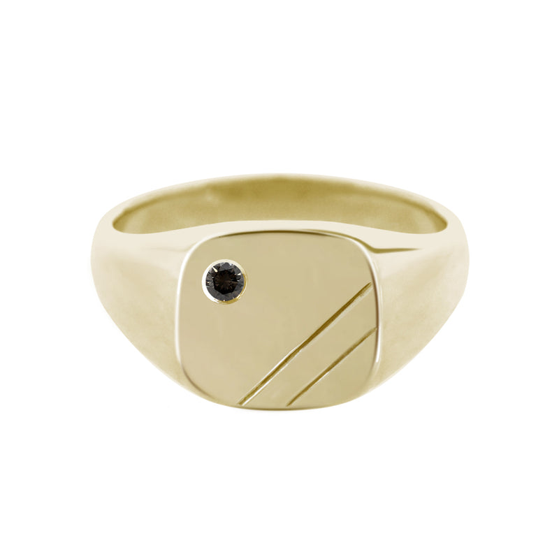 Cushion Signet Ring with Flush Set Black Diamond Yellow Gold