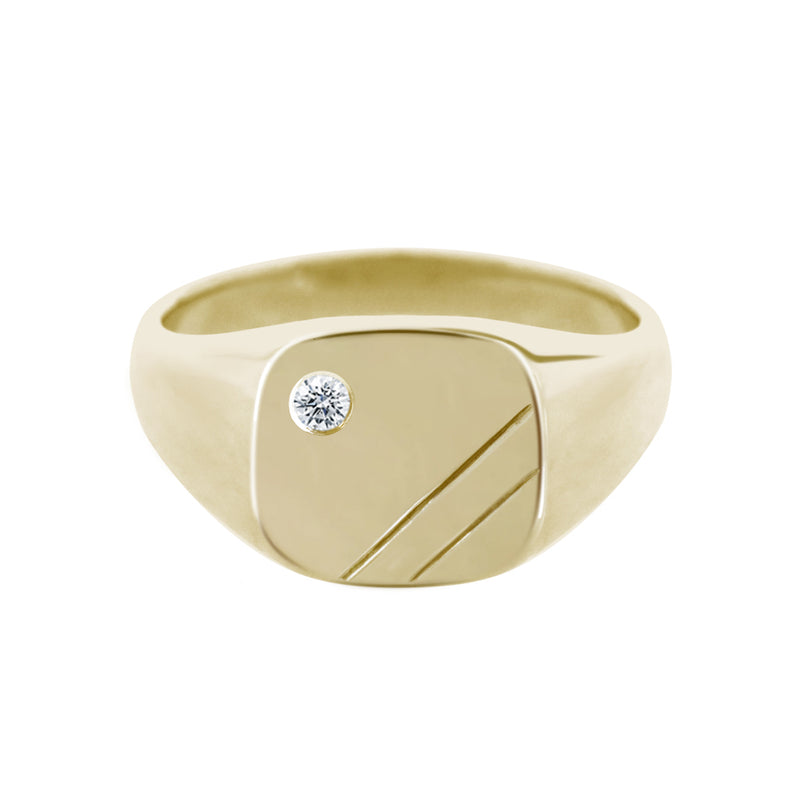 Cushion Signet Ring with Flush Set Diamond Yellow Gold