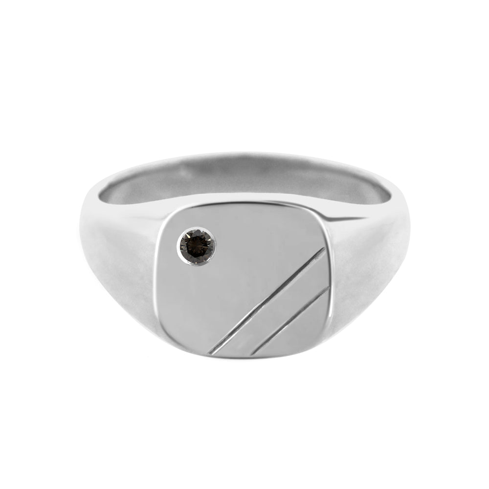 Cushion Signet Ring with Flush Set Black Diamond White Gold