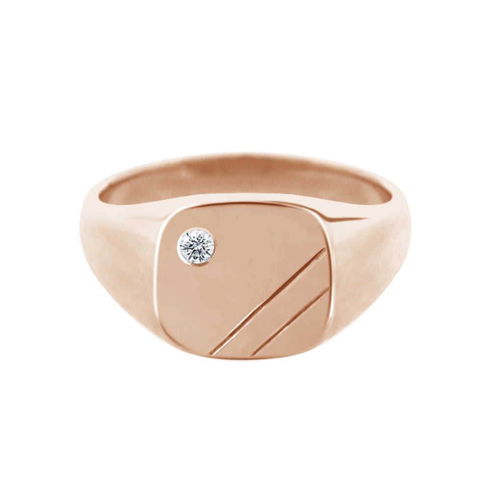 Cushion Signet Ring with Flush Set Diamond Rose Gold