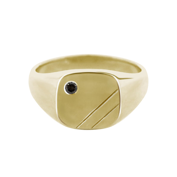 Cushion Signet Ring with Flush Set Black Diamond Yellow Gold