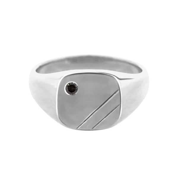 Cushion Signet Ring with Flush Set Black Diamond White Gold