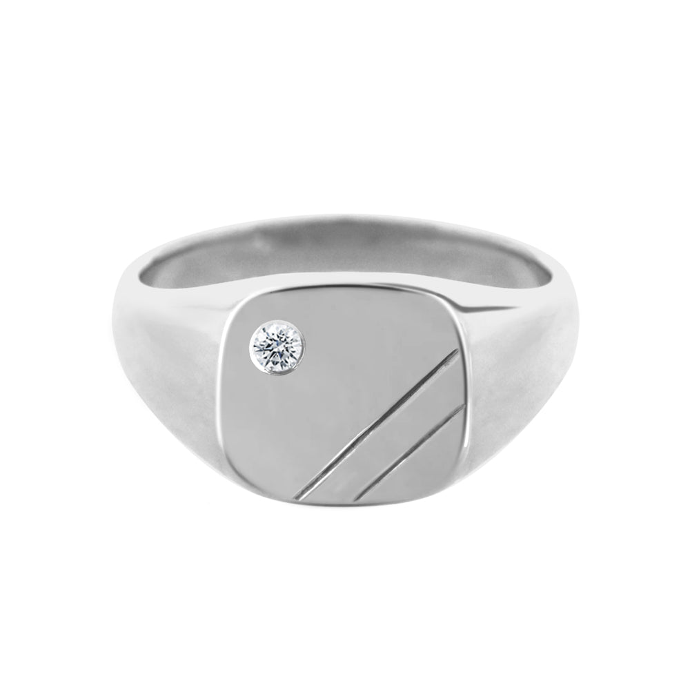 Cushion Signet Ring with Flush Set Diamond White Gold